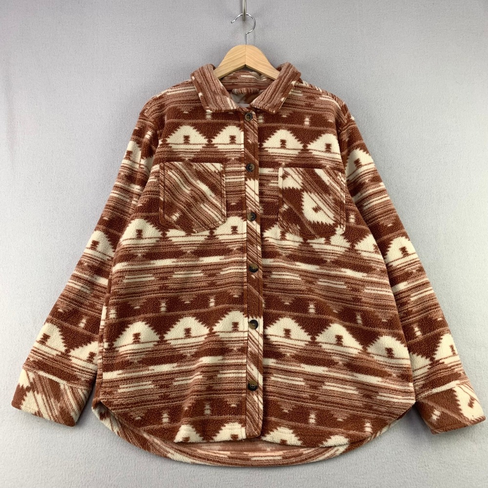 Thread & Supply Aztec Shacket Women L Rust Cream Fleece Button Up Southwestern
